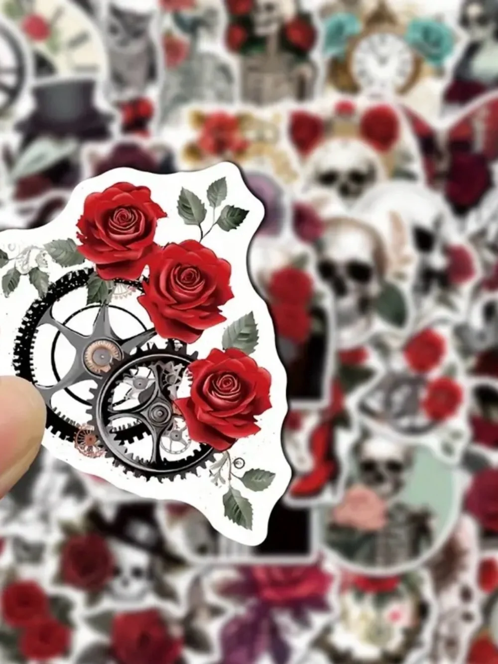 50 Gothic Vintage Skull & Rose Stickers Halloween Black Red Skeletons Flowers
